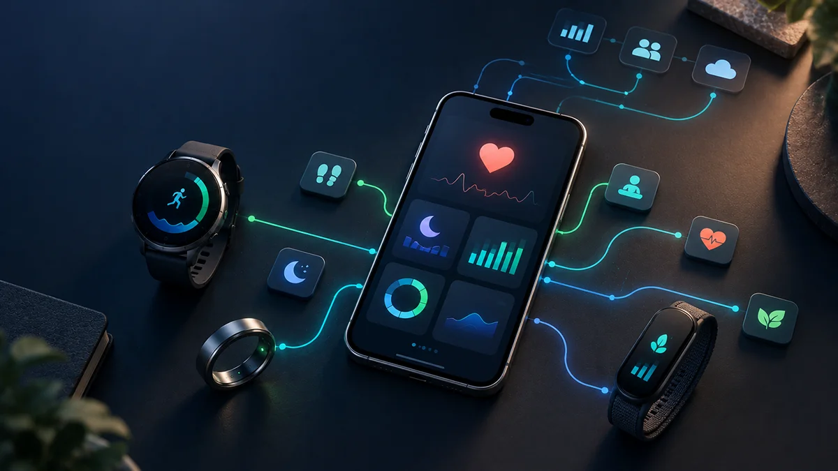Smartphone con dashboard salute collegato a smartwatch, smart ring e altri dispositivi.