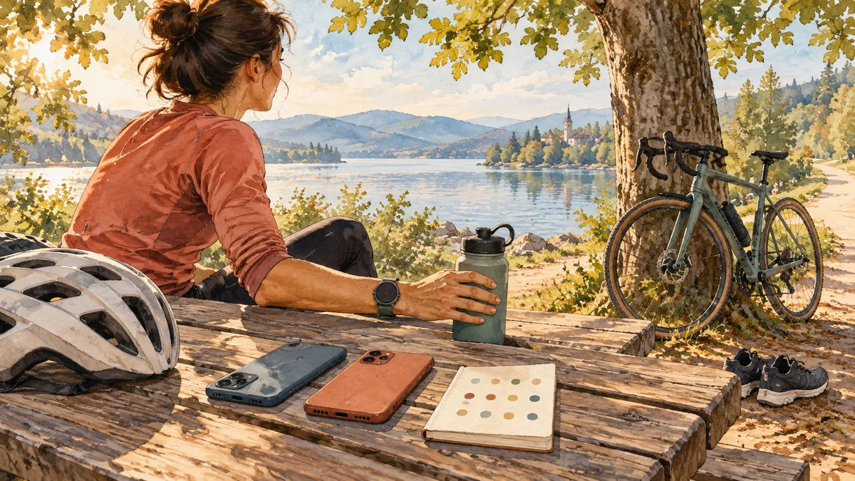Illustrazione di una ciclista con smartwatch, due telefoni e un quaderno durante una pausa vicino al lago.