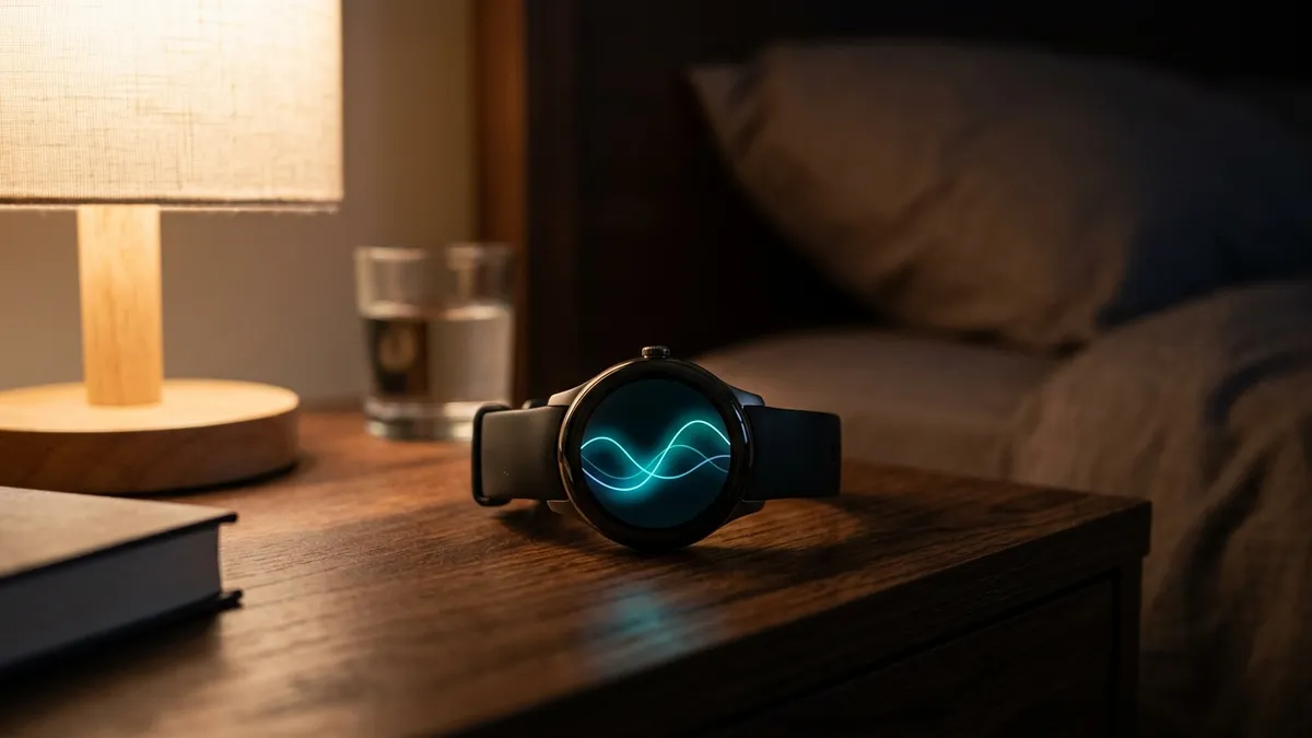 Smartwatch circolare su un comodino in legno accanto a una lampada accesa con onde astratte sul quadrante