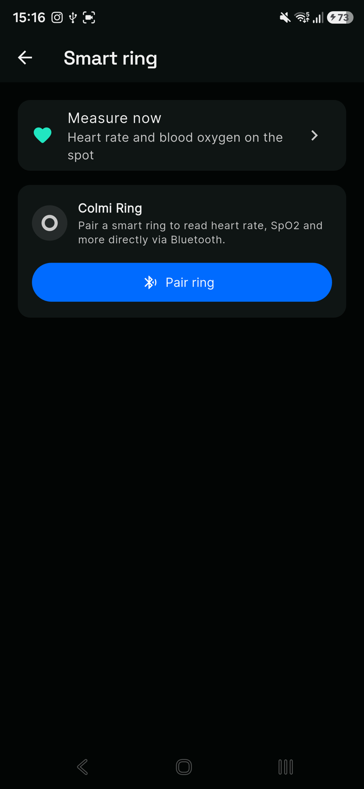 FitMesh smart ring screen: on-the-spot heart rate and SpO2 measurement and Colmi ring pairing over Bluetooth