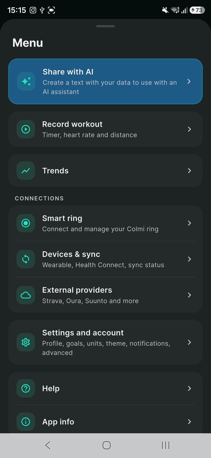 FitMesh menu with record workout, trends, smart ring, devices and sync, external providers and settings
