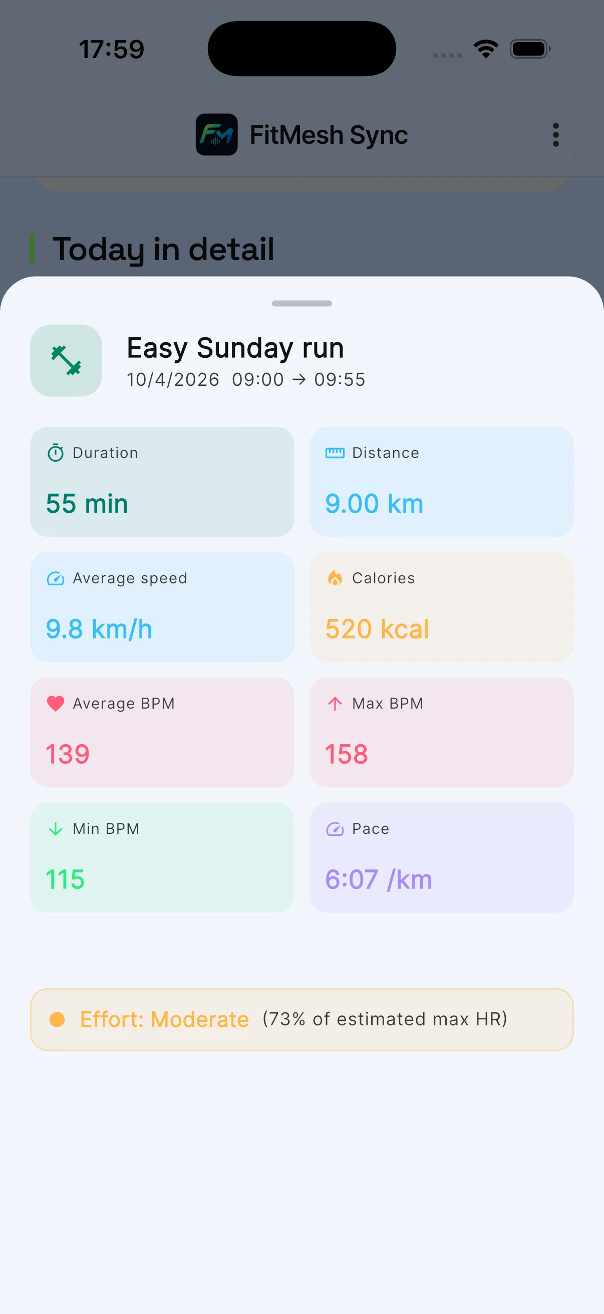 Workout detail sheet for a running session in FitMesh Sync showing 55 min duration, 9.00 km distance, 6:07 /km pace, 520 kcal calories, and average 139 and max 158 BPM heart rate