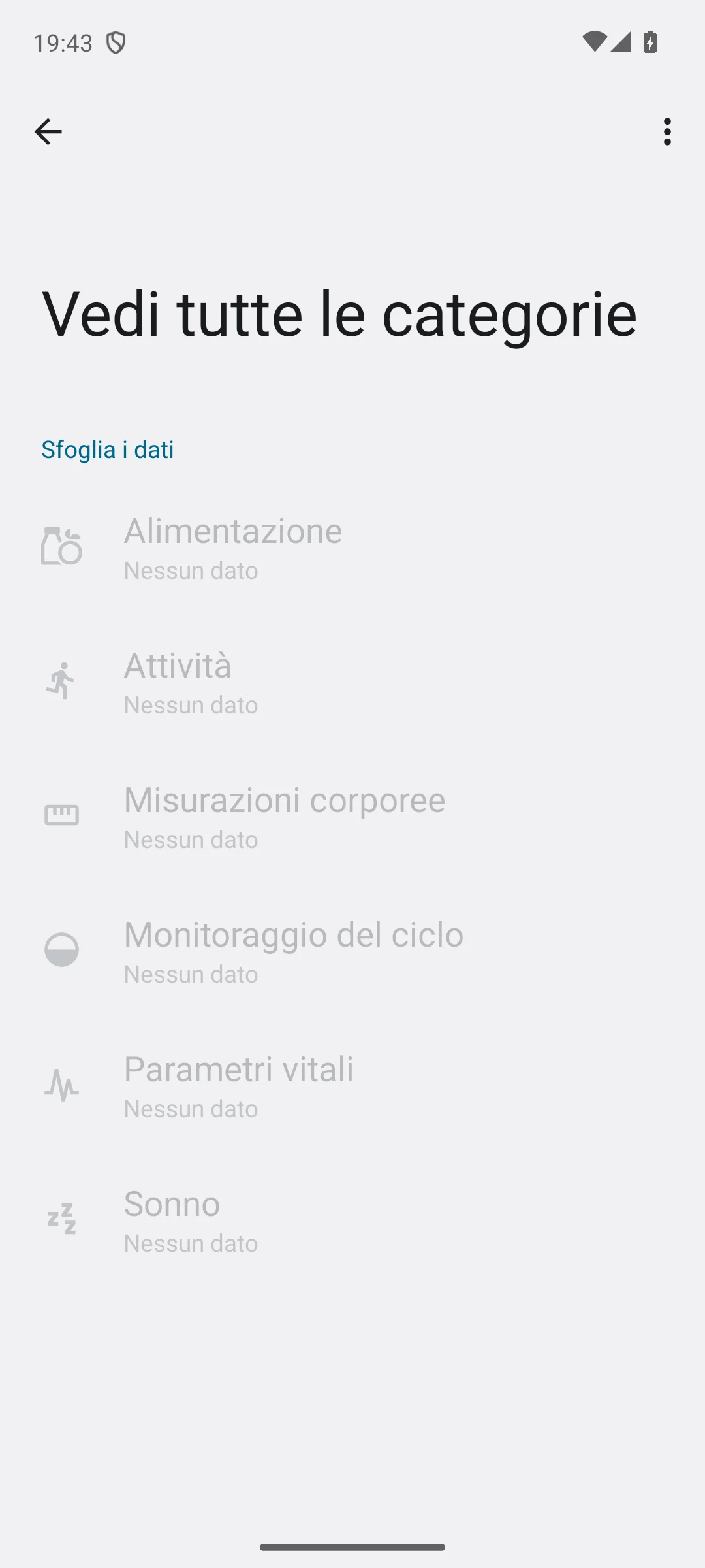 Health Connect Browse data screen showing categories with No data state
