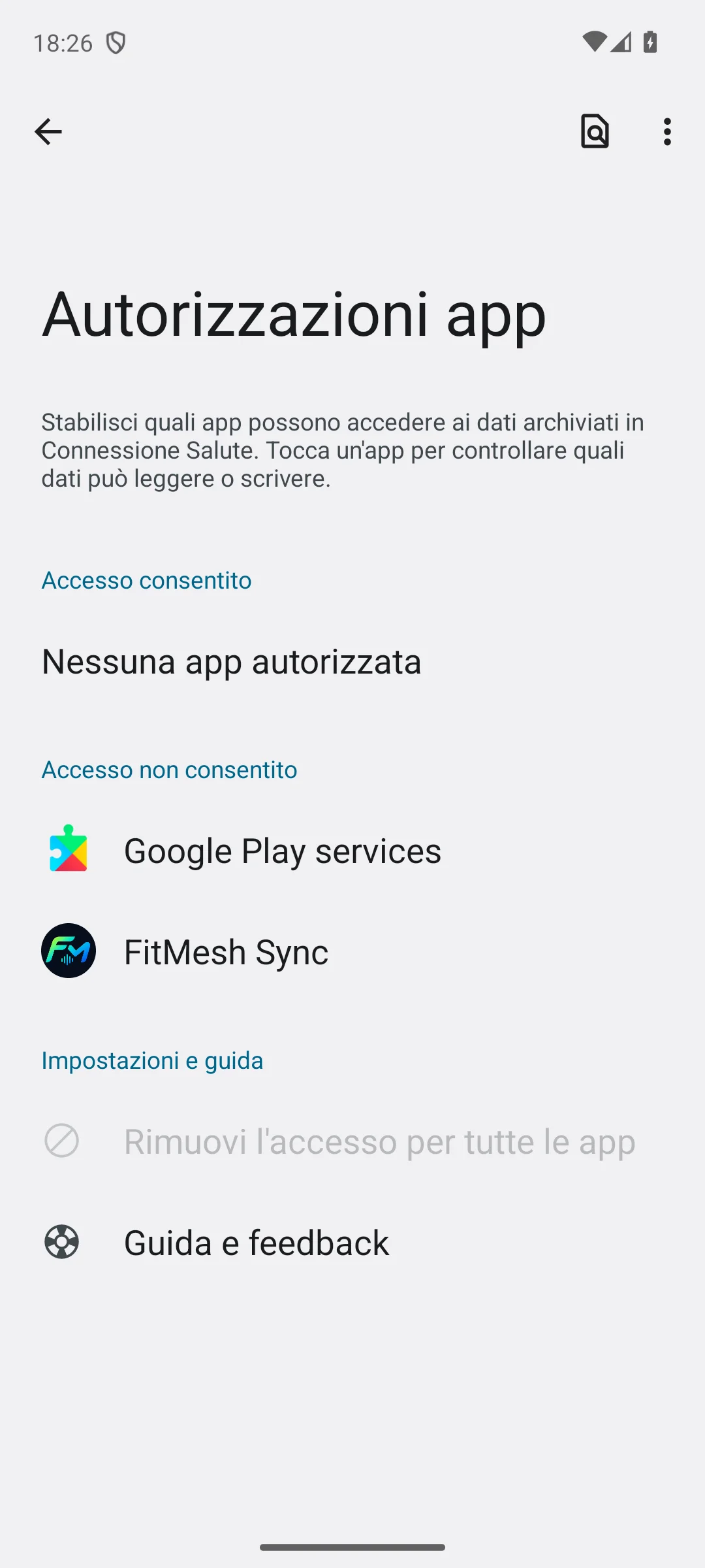 Health Connect app permissions list showing FitMesh Sync under Not allowed section