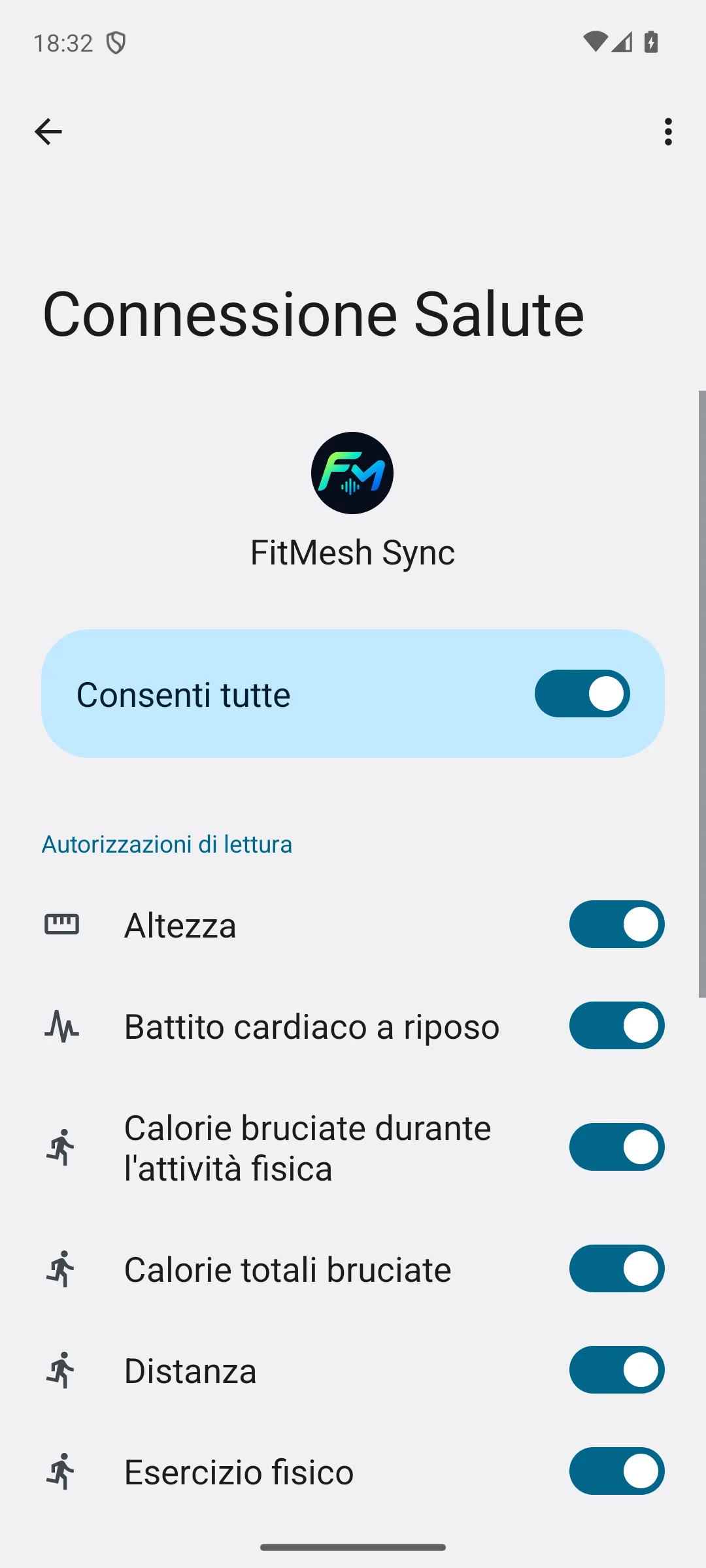 FitMesh Sync permissions screen in Health Connect with Allow all and read permissions toggled on