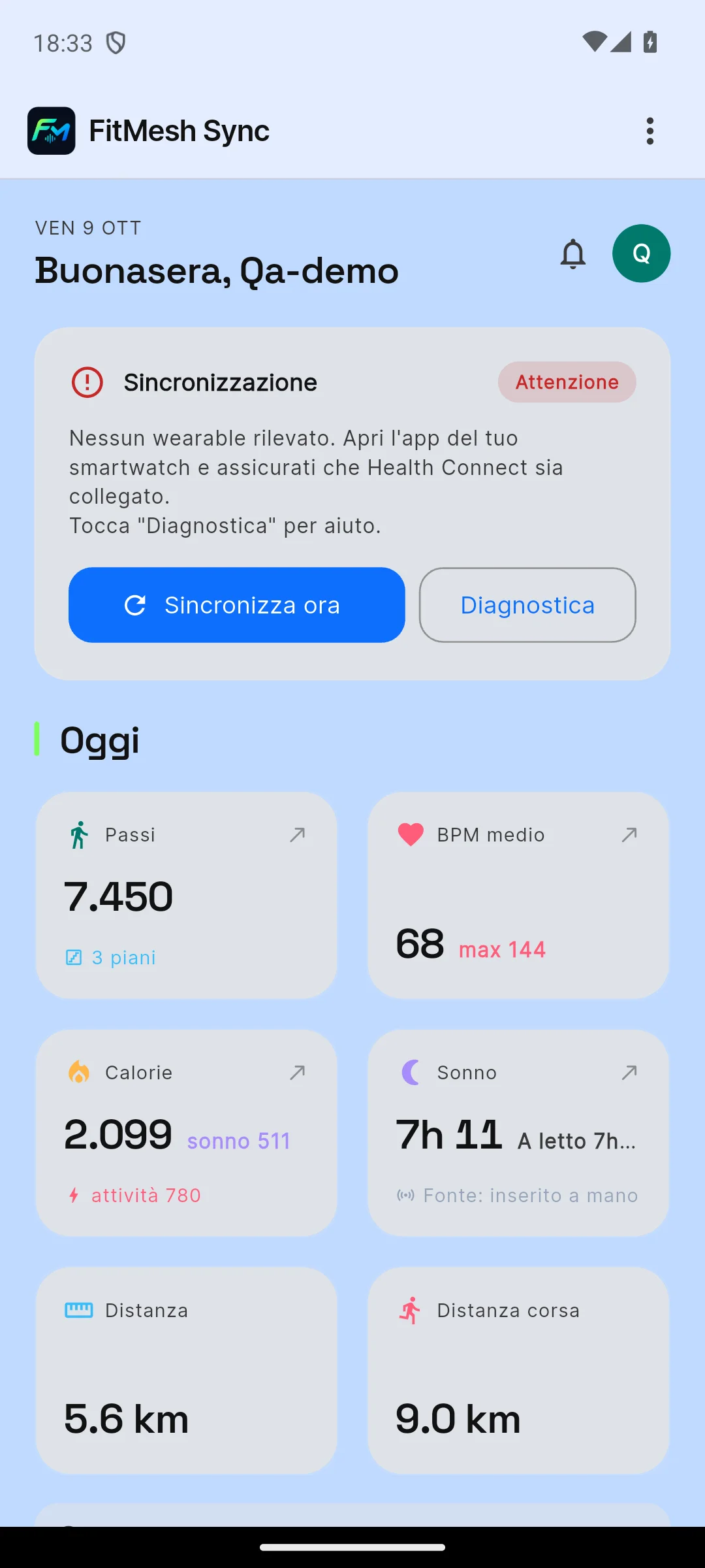 FitMesh Sync dashboard with No wearable detected warning banner