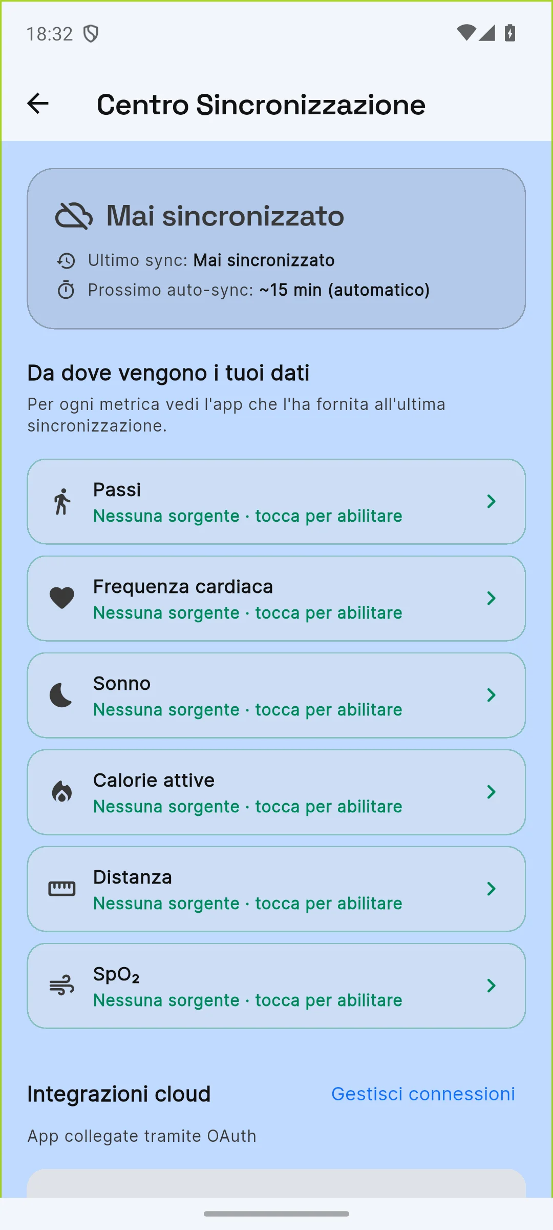 Sync Center screen showing Never synced and No source labels for health metrics