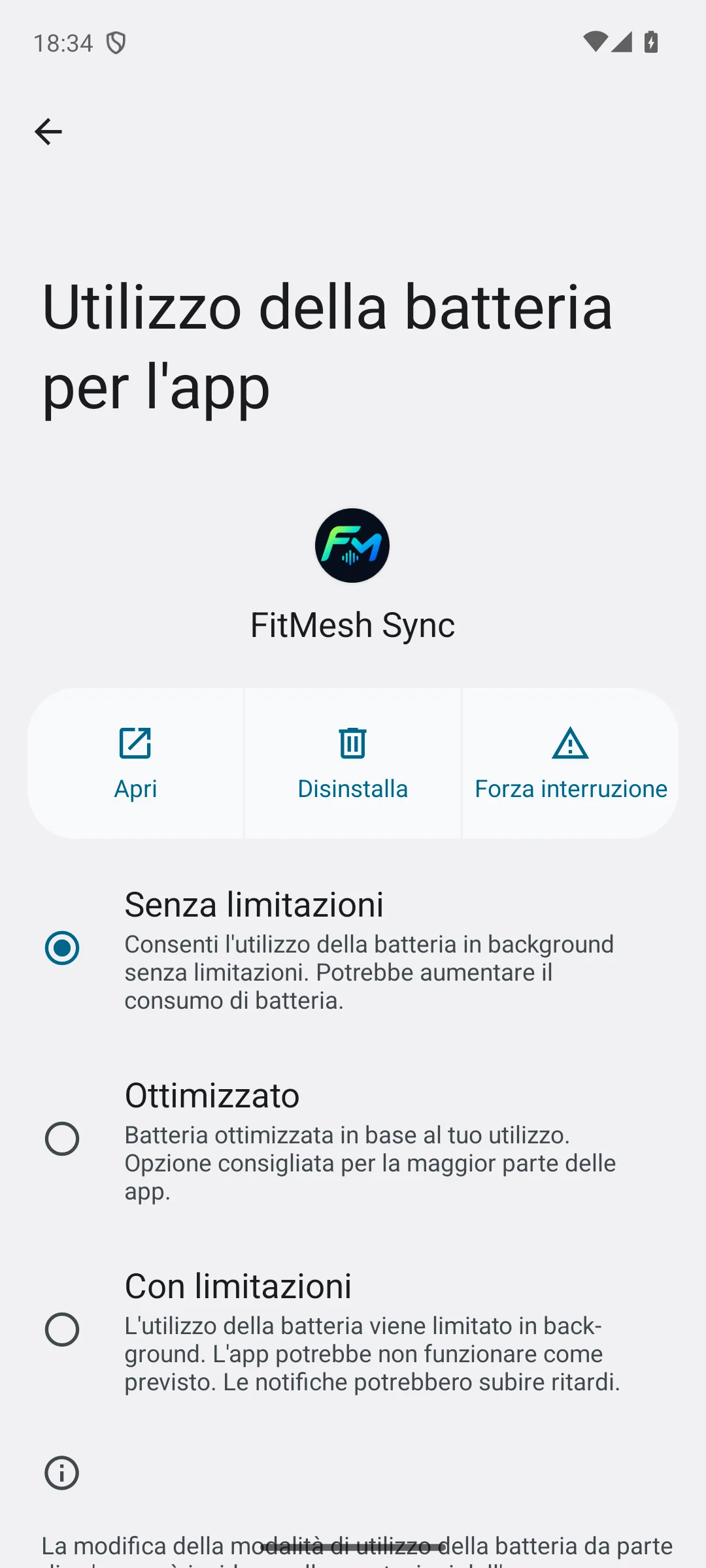 Android App battery usage settings screen with Unrestricted option selected